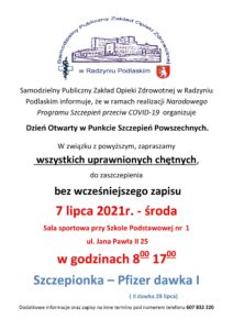 Dzień Otwarty w Punkcie Szczepień Powszechnych @ Hala sportowa przy SP 1