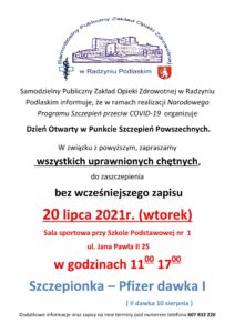 Dzień Otwarty w Punkcie Szczepień Powszechnych @ Hala sportowa przy SP 1